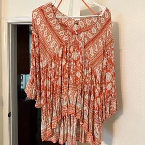 Free People Bohemian Orange and White Women's Blouse